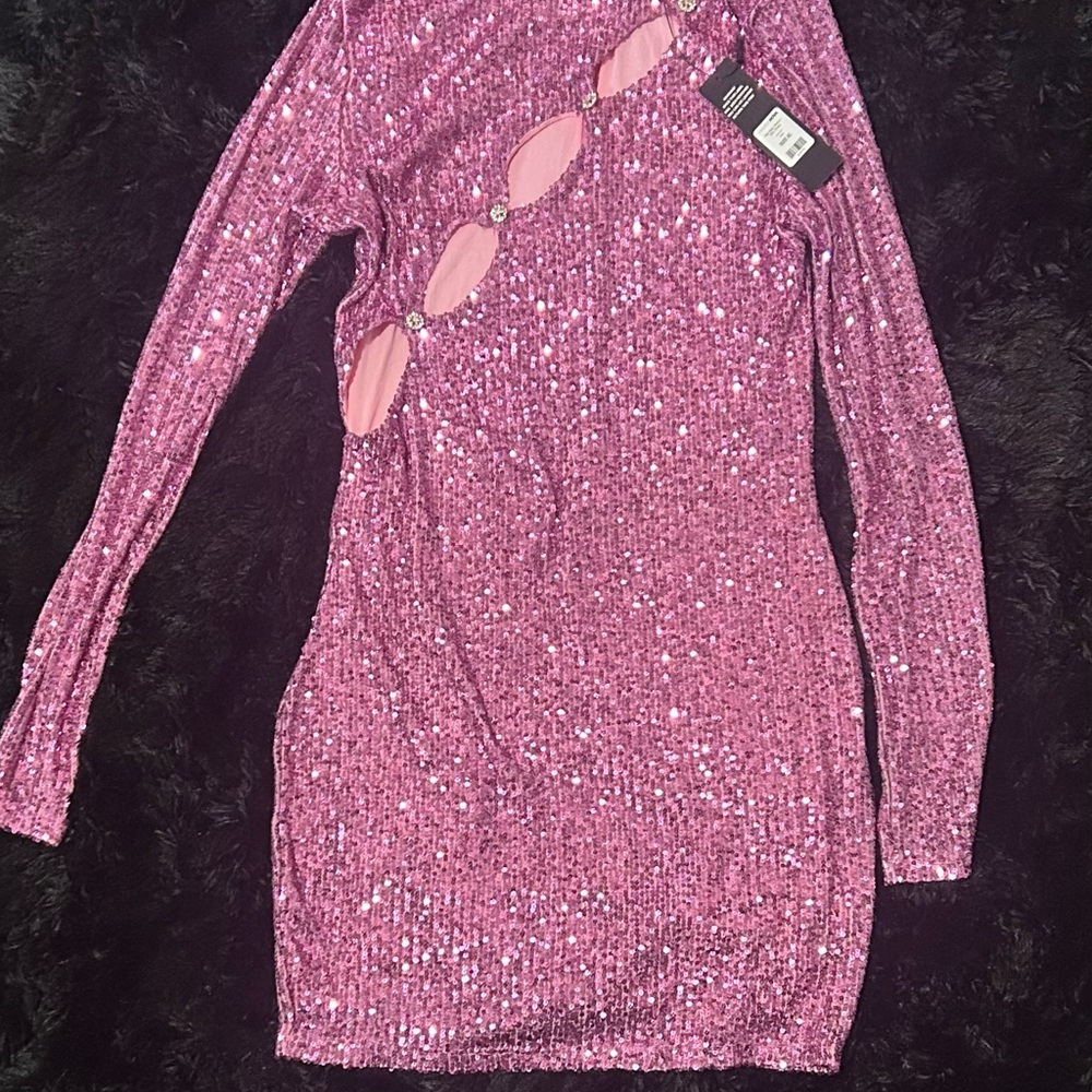 Fashion Nova Pink Sequin Long Sleeve Dress